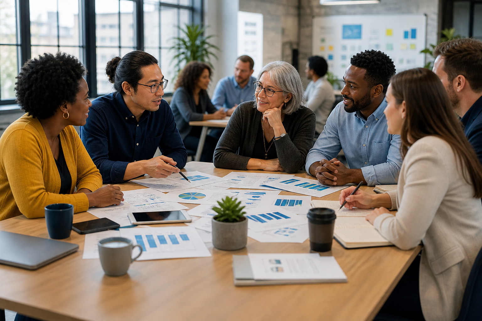 Diverse professionals and community members reviewing public policy data together